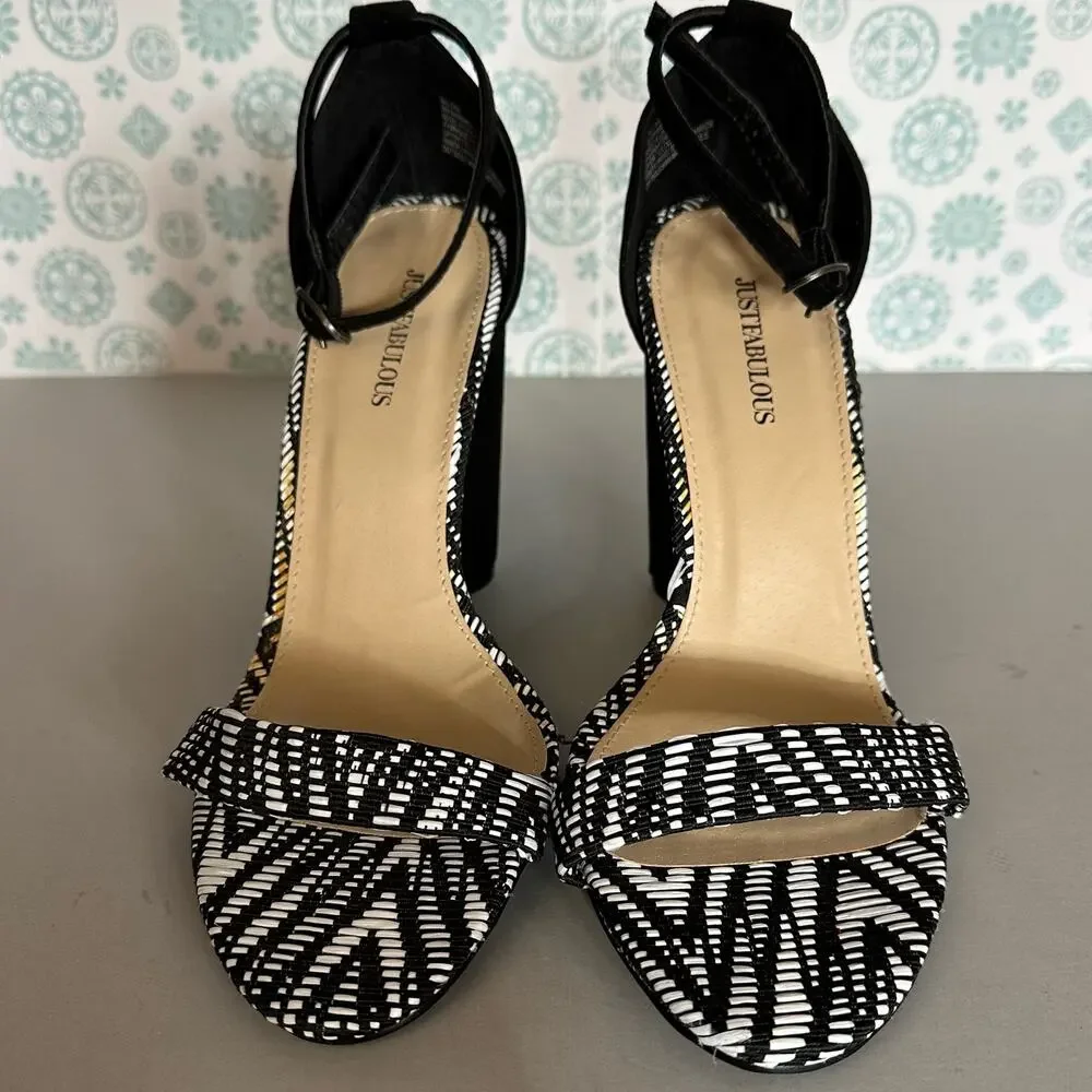 JustFab Womens Black White Woven Block Heel Ankle Strap Sandals Open Toe 10 - Picture 4 of 12